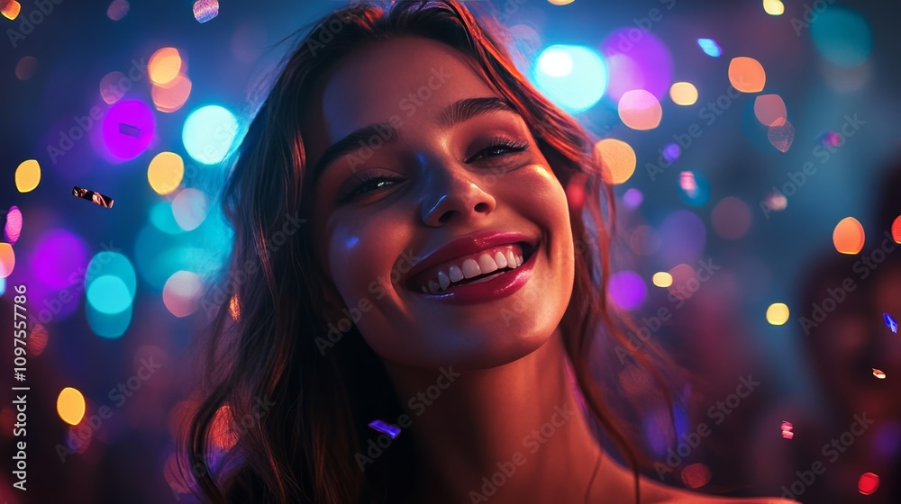 Joyful Young Woman Celebrating New Years Eve with Sparkles and Lights, Party Atmosphere Joyful Young Woman Celebrating New Years Eve with Sparkles and Lights, Party Atmosphere