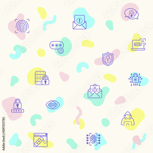 Vector illustration of a cute cyber security. Collection of protection, virus, hacking, hacker, bug, antivirus, cyber lock, network, spam and other elements. Isolated on beige.