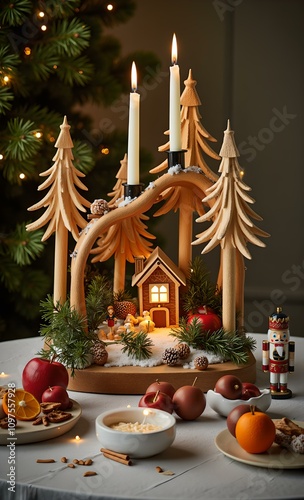 Traditional Christmas Candle Arch Decorations with Festive Ornaments, Pine Greenery, and Warm Candlelight Ambiance