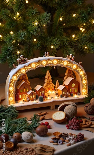 Traditional Christmas Candle Arch Decorations with Festive Ornaments, Pine Greenery, and Warm Candlelight Ambiance
