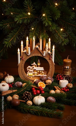 Traditional Christmas Candle Arch Decorations with Festive Ornaments, Pine Greenery, and Warm Candlelight Ambiance