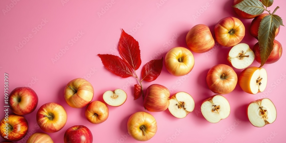 Autumnal Apples on Pink Background A Vibrant Flat Lay Featuring Whole and Sliced Red and Yellow Apples with Red Leaves Autumnal Apples on Pink Background A Vibrant Flat Lay Featuring Whole and Sliced Red and Yellow Apples with Red Leaves
