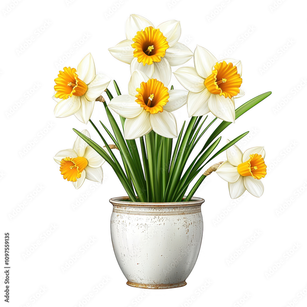 Beautiful daffodil flowers in white pot, showcasing vibrant yellow centers and lush green leaves, perfect for brightening any space