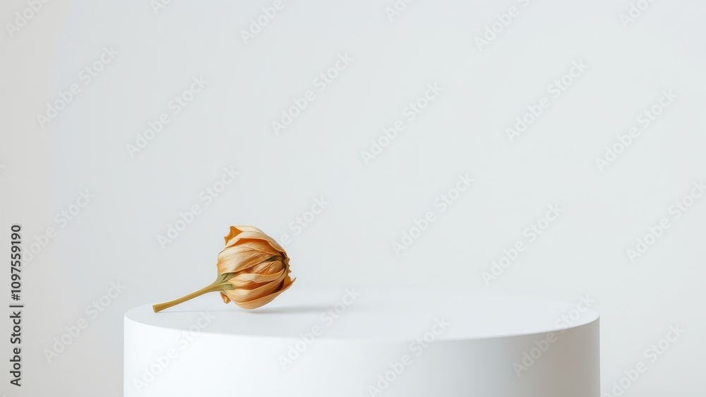 Dried Flower on Minimalist White Pedestal Elegant Still Life Photography Dried Flower on Minimalist White Pedestal Elegant Still Life Photography