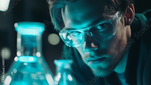 Close up of Scientist in laboratory analyzing blue substance in beaker