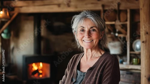 Elderly Woman Smiling in Rustic Cabin with Cozy Fireplace