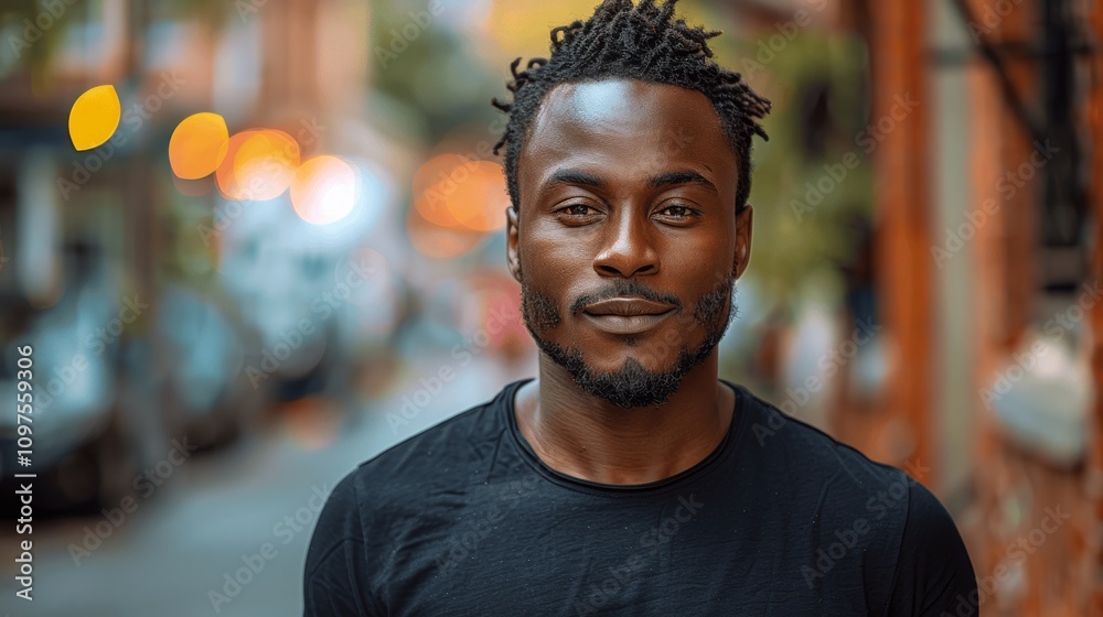 African American Man Wearing Black T-Shirt in Urban Street Close Up Shot with Cinematic Fashion Photography African American Man Wearing Black T-Shirt in Urban Street Close Up Shot with Cinematic Fashion Photography