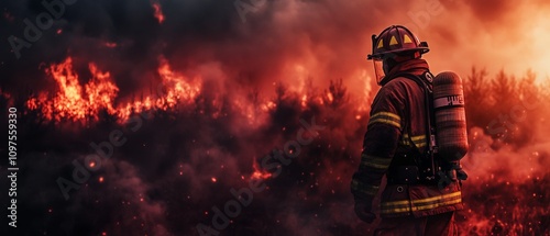 Brave Firefighter Battling Wildfires: Intense Scene of Heroism in Action Against Raging Flames and Smoke