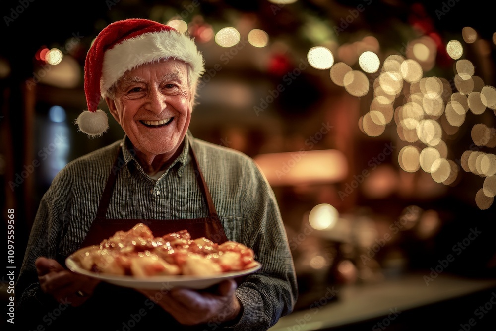 Cheerful Elderly Man in Santa Hat Holding Holiday Pastries, Festive Atmosphere with Christmas Lights and Warm Smiles, Perfect for Holiday Celebrations Cheerful Elderly Man in Santa Hat Holding Holiday Pastries, Festive Atmosphere with Christmas Lights and Warm Smiles, Perfect for Holiday Celebrations