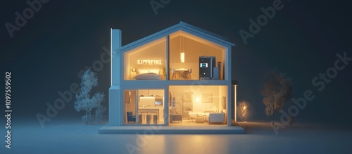 Illuminated cutaway house model at night.