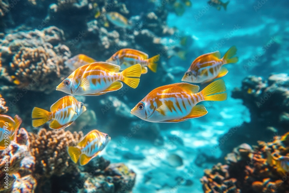 School of fish swimming together in the ocean, synchronized movements, vibrant underwater scene School of fish swimming together in the ocean, synchronized movements, vibrant underwater scene