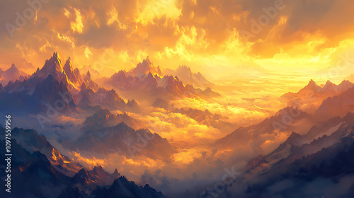 A tranquil mountain range at sunrise, with soft golden light illuminating the peaks and mist lingering in the valleys  photo