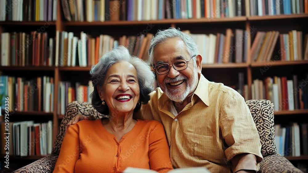 Happy Senior Couple Reading Together in Cozy Home Library Happy Senior Couple Reading Together in Cozy Home Library