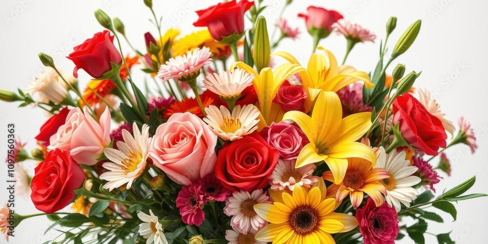 Fototapeta premium Vibrant bouquet of mixed flowers, including roses, lilies, and daisies, arranged in a lush and colorful display.