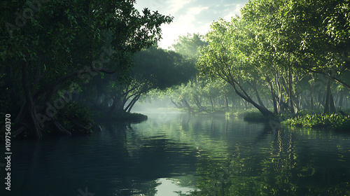 A tranquil mangrove forest with winding waterways and lush green foliage, reflecting in the calm water  photo