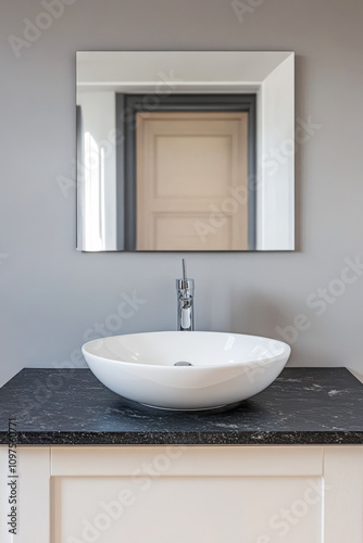 Modern minimalist bathroom design featuring a sleek basin and elegant mirror