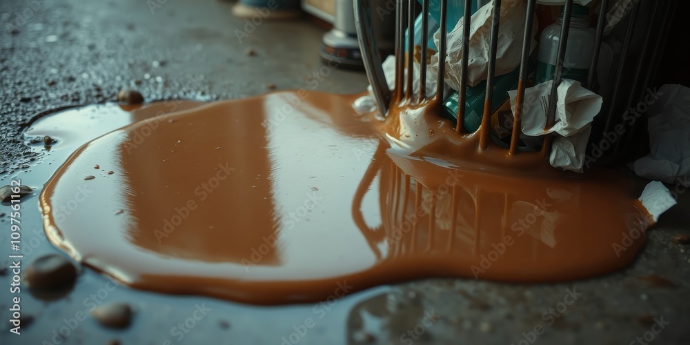 Fototapeta premium Brown liquid spills from a wire basket onto a floor