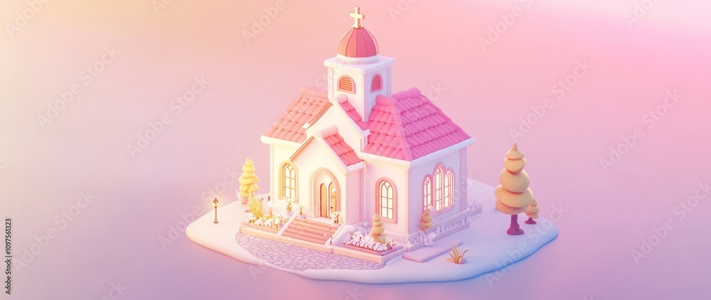 A whimsical, pastel-colored church with trees and a serene atmosphere. A whimsical, pastel-colored church with trees and a serene atmosphere.
