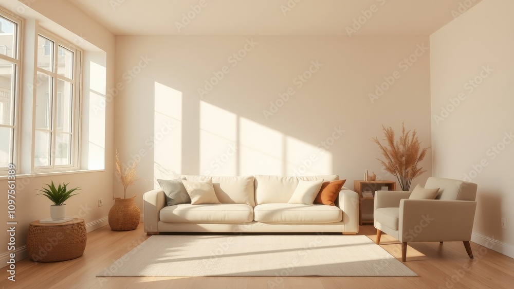 Sunlit Living Room with Neutral Decor and Modern Furniture Sunlit Living Room with Neutral Decor and Modern Furniture
