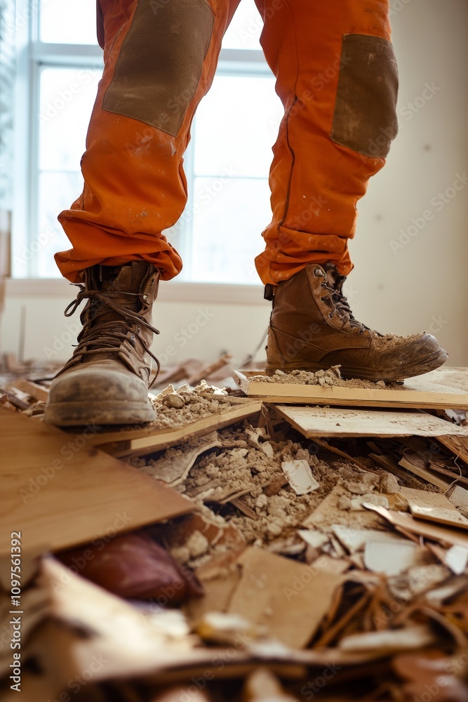 Construction Worker in Orange Pants Standing on Debris in Renovation Site – Safety Gear and Renovation Theme for Building Projects Construction Worker in Orange Pants Standing on Debris in Renovation Site – Safety Gear and Renovation Theme for Building Projects