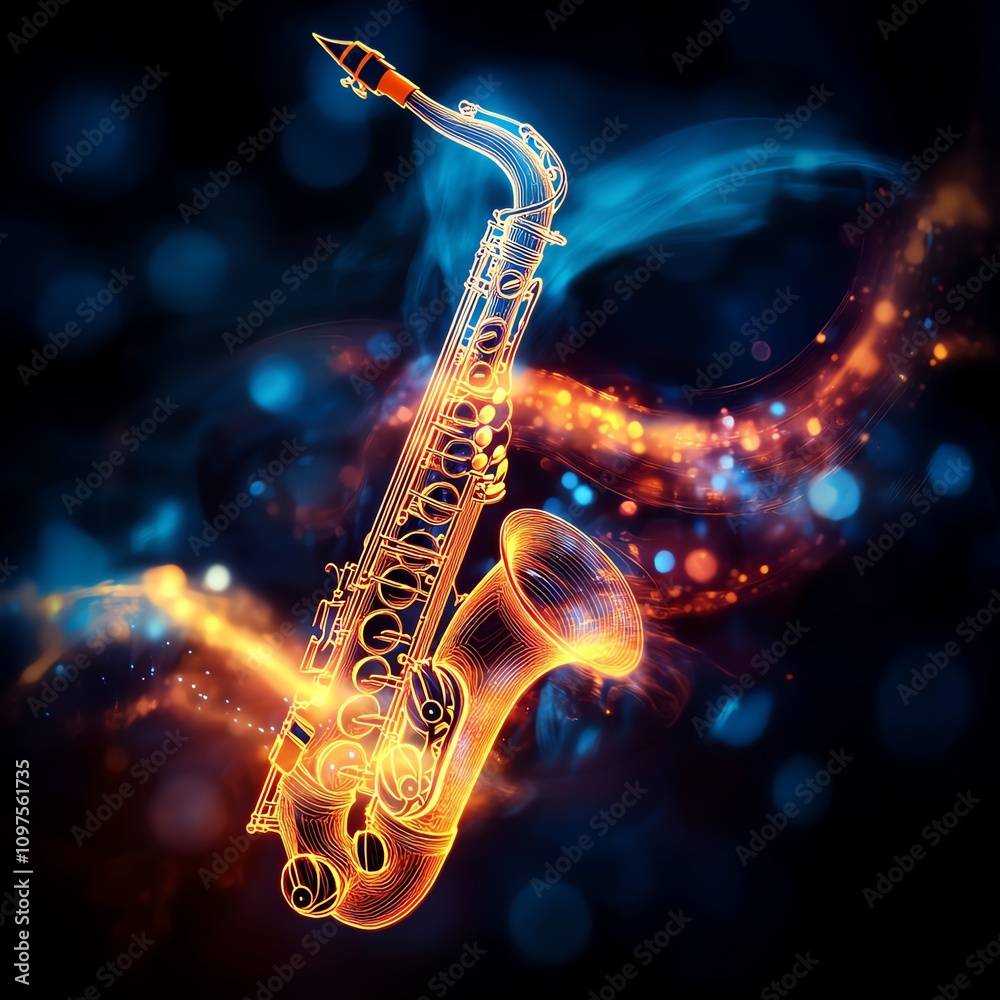 Obraz premium Saxophone with colorful light effects on a dark background.