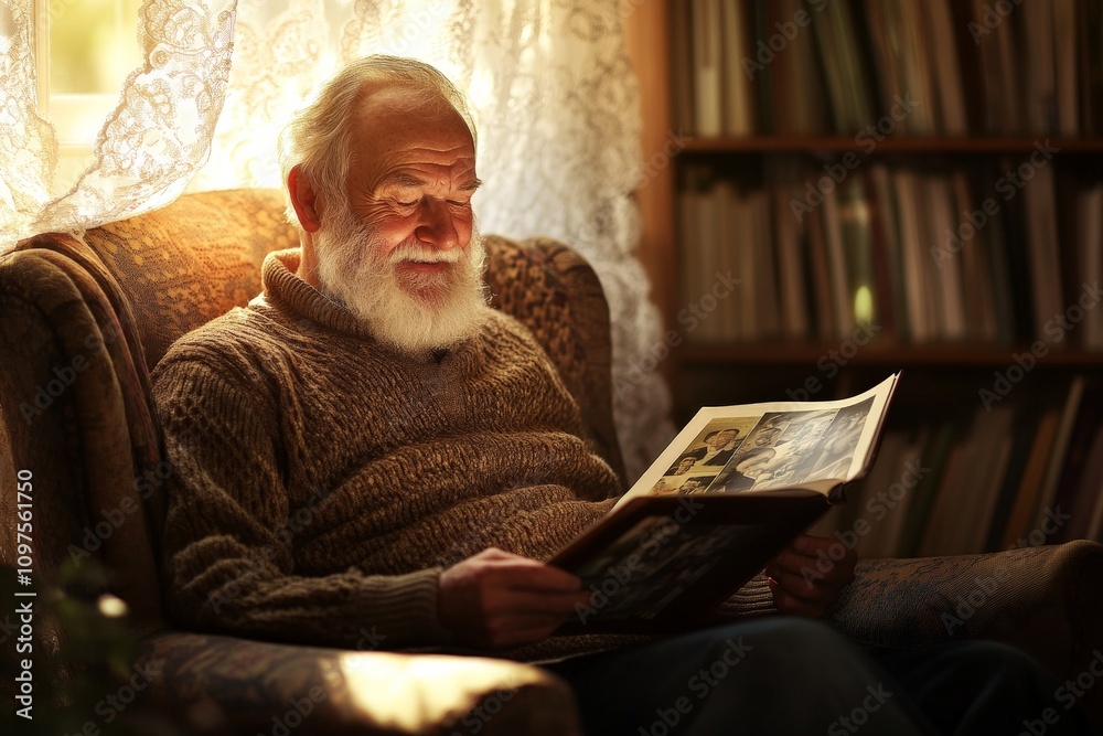 Cozy Elderly Man Reading Newspaper by Window in Warm Living Room - Peaceful Retirement Lifestyle Image for Stock Photography Cozy Elderly Man Reading Newspaper by Window in Warm Living Room - Peaceful Retirement Lifestyle Image for Stock Photography