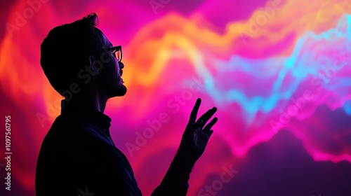 Silhouette of a man in front of vibrant colorful lights expressing creativity.