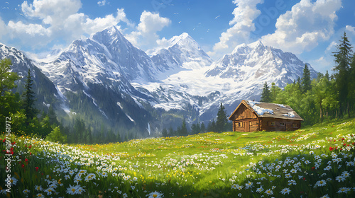 A serene alpine meadow with a wooden cabin surrounded by wildflowers and snow-capped peaks 