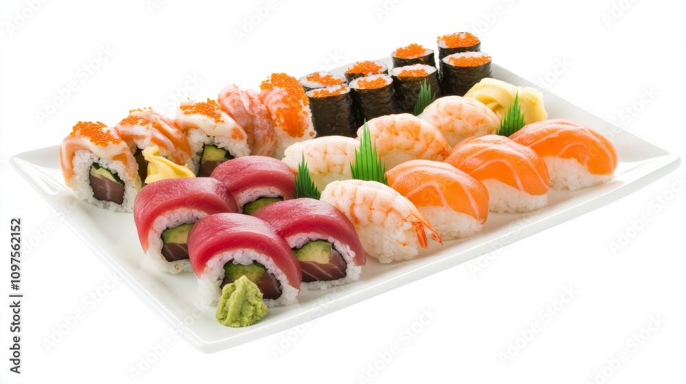 A plate of assorted sushi rolls with tuna, salmon, shrimp A plate of assorted sushi rolls with tuna, salmon, shrimp