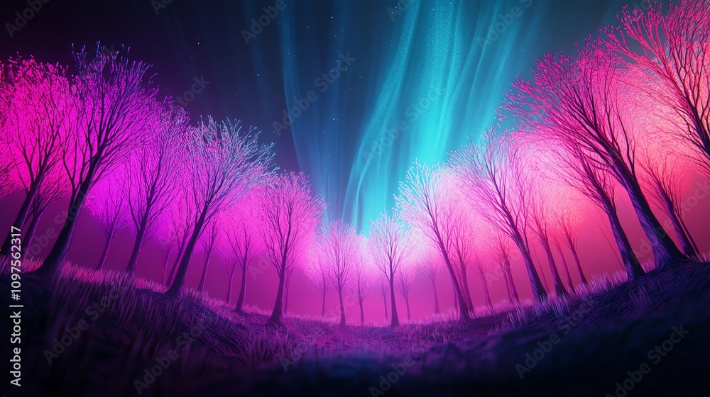 Fototapeta premium A vibrant forest with colorful trees under a stunning northern lights sky.