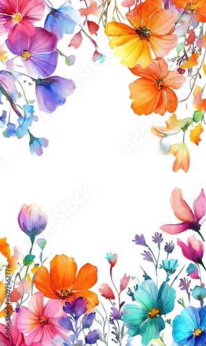 A vibrant floral border illustration with various colorful flowers on a white background.