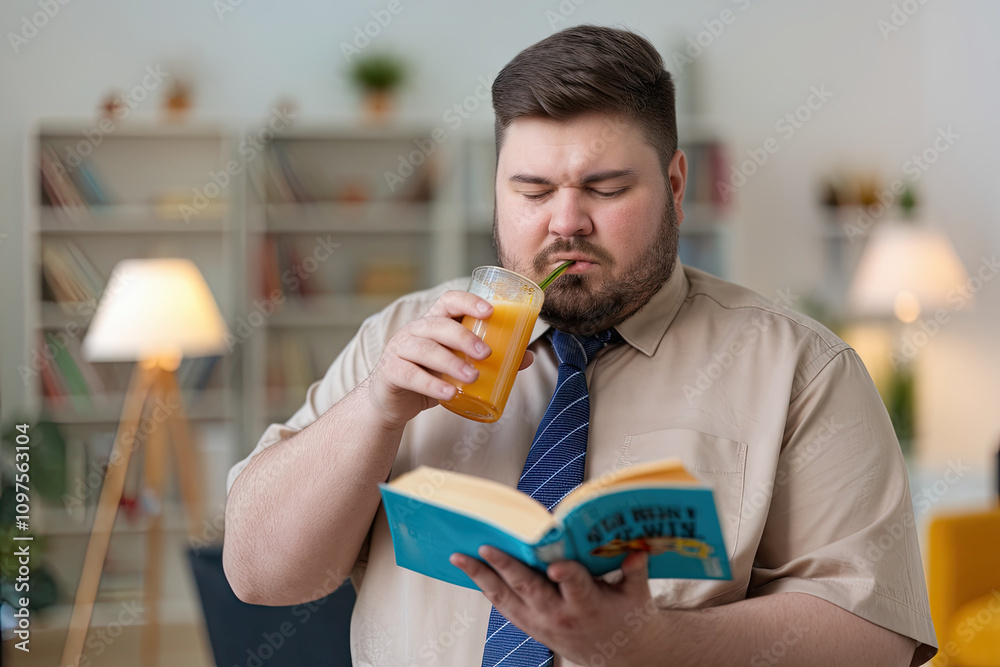 Fototapeta premium Man, plus-size, drinking a fresh juice while reading a book