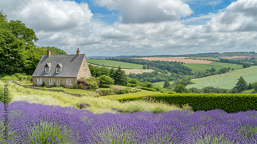 A panoramic view of a lavender field in full bloom, with rolling hills and a picturesque farmhouse in the background 