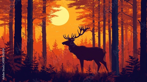 Silhouette of a red deer stag in the forest at sunset