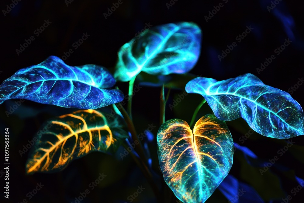 Naklejka premium Tropical leaves with a bioluminescent effect, glowing softly in the dark, 
