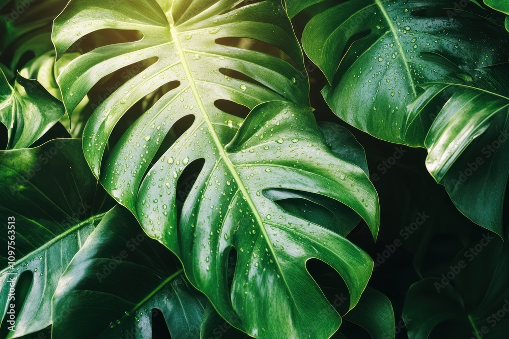 Fototapeta premium Tropical leaves with water droplets, fresh and dewy, reflecting natural sunlight