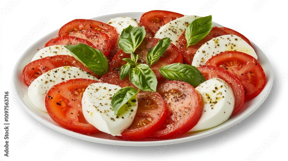 A plate of colorful caprese salad with slices of ripe tomatoes, fresh mozzarella cheese, and basil leaves A plate of colorful caprese salad with slices of ripe tomatoes, fresh mozzarella cheese, and basil leaves