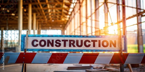 Selective focus of an under construction sign inside a building with blurred background, indicating an area restricted for construction work.
 photo