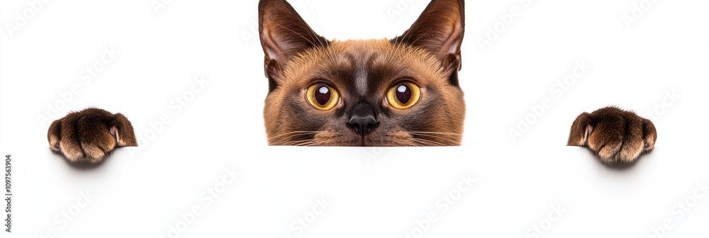 Fototapeta premium A curious cat peeking over a blank surface, showcasing its expressive eyes.