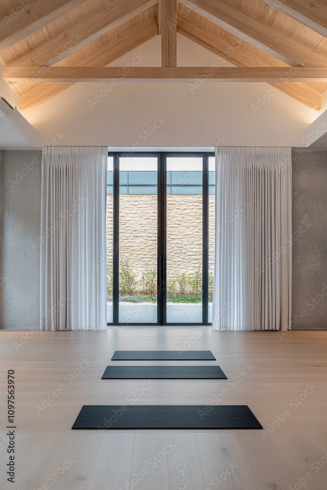 Fototapeta premium Spacious yoga studio with natural light and serene outdoor view in a modern design