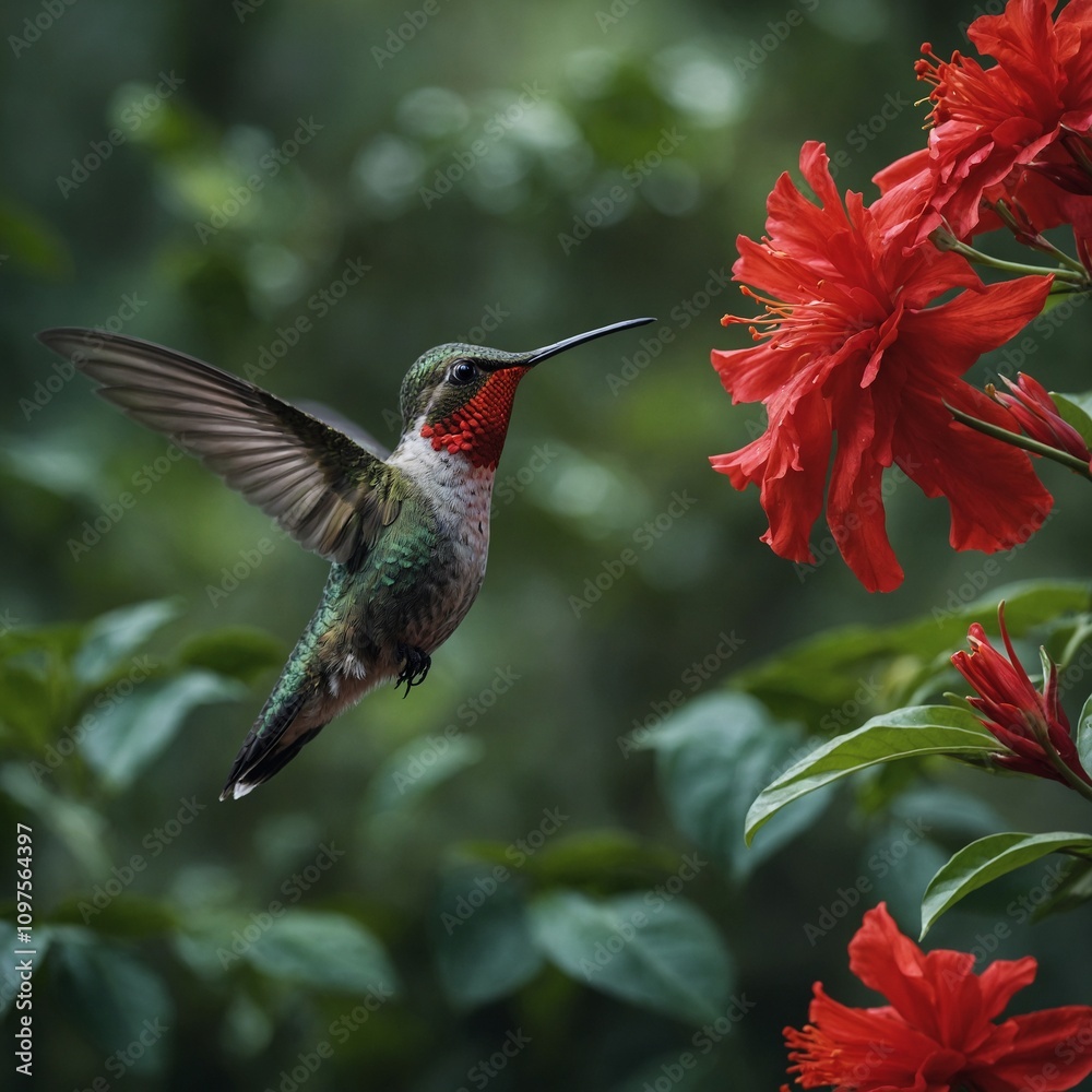Obraz premium A hummingbird hovering near a delicate red flower in the heart of the jungle.