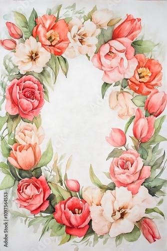A floral wreath design featuring various colorful flowers, ideal for decoration or invitations.