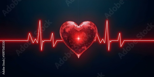 A glowing red heart with a heartbeat pulse line against a dark background