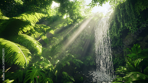 A dense rainforest with sunlight filtering through the canopy, highlighting vibrant green foliage and a cascading waterfall 