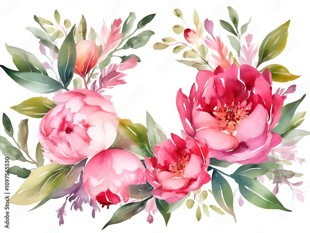 A vibrant watercolor illustration of pink peonies and greenery, ideal for floral designs. A vibrant watercolor illustration of pink peonies and greenery, ideal for floral designs.