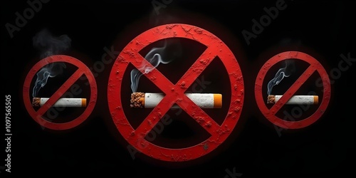 A group of no e-cigarette and cigarette smoking signs in a prohibition circle on a black background	