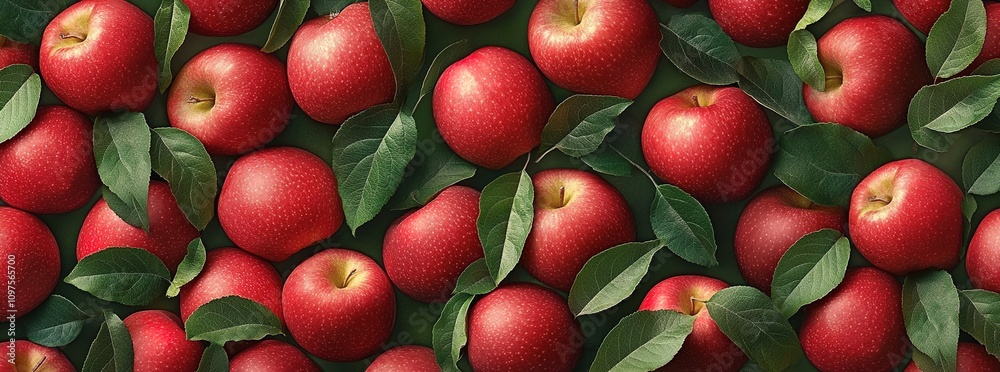 Obraz premium A vibrant background of red apples with green leaves