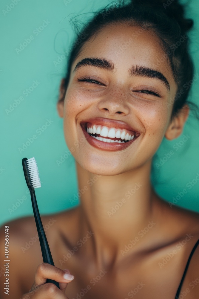 Happy Woman Smiling with Perfect Teeth Holding Toothbrush Against Vibrant Green Background - Dental Care and Oral Hygiene Concept