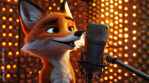 Charming Animated Fox Singing in Studio with Microphone
