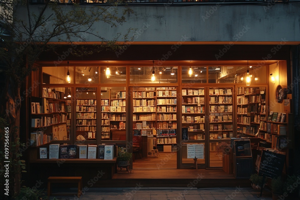 Cozy bookstore at night, filled with bookshelves and warm lighting. Cozy bookstore at night, filled with bookshelves and warm lighting.
